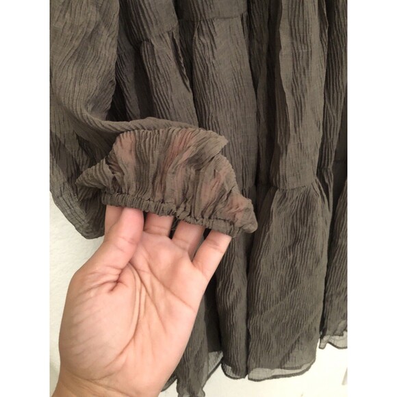 En Saison Smocked Tiered Mini Dress Brown Long Sleeve Sheer Boho Chic Size Small - Picture 6 of 9